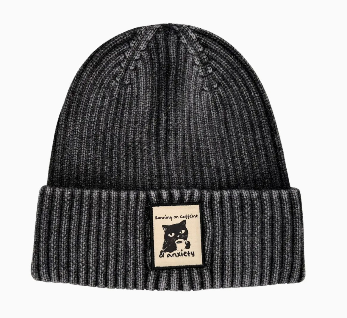 Running On Caffeine & Anxiety Black Cat Vintage Beanie