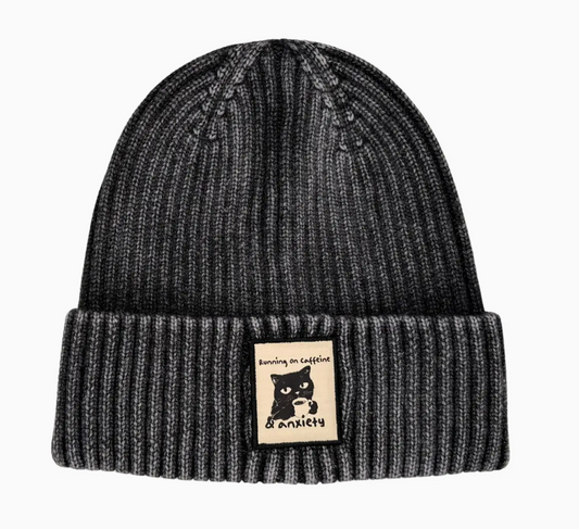 Running On Caffeine & Anxiety Black Cat Vintage Beanie